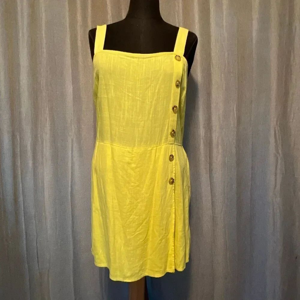 Wild Fable Women's Yellow Smocked Linen Blend Square Neck Button Romper